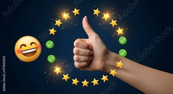 Fototapeta Thumbs Up Gesture with EU Stars and Positive Feedback Icons