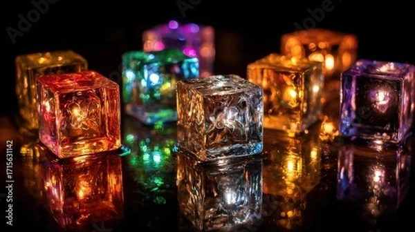 Fototapeta Glowing colorful ice cubes are scattered on a black reflective surface creating an intriguing display of vibrant light and shadows beautifully.