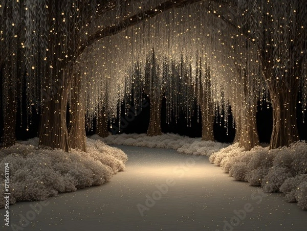 Fototapeta A magical pathway illuminated by sparkling fairy lights winds through an enchanted forest covered with a soft blanket of shimme snow dust.