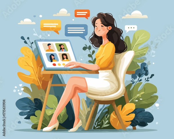 Fototapeta オンライン会議、ビデオチャット、遠隔作業、コミュニケーション