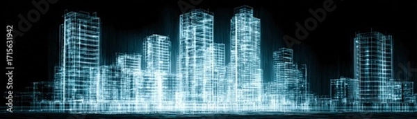 Fototapeta A futuristic cityscape glows with bright blue light against a dark sky showing building silhouettes and technological designs, very modern.