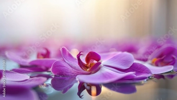 Fototapeta Delicate purple orchids floating on water with soft reflections, tranquil spa concept