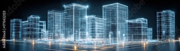 Fototapeta Abstract digital city skyline with wireframe buildings glows against a dark backdrop, representing innovation and future technology advancements.