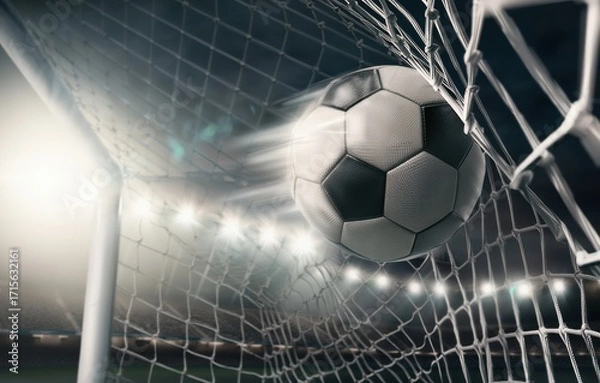 Fototapeta Soccer ball hitting the net scoring a goal in a stadium at night
