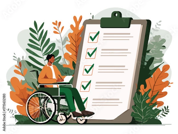 Fototapeta 車椅子の人とチェックリストのベクターイラスト