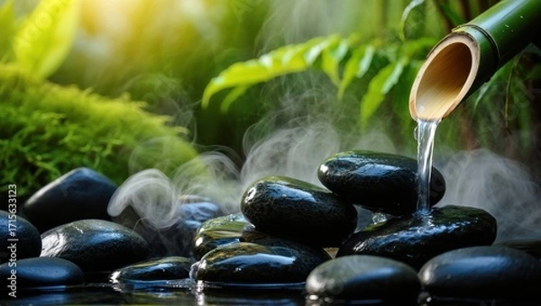 Fototapeta Zen bamboo water feature with flowing water and black stones, misty nature background