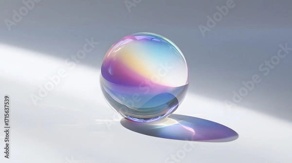 Fototapeta crystal ball with iridescent colors on white base soft background refracting vibrant blue purple pink yellow light