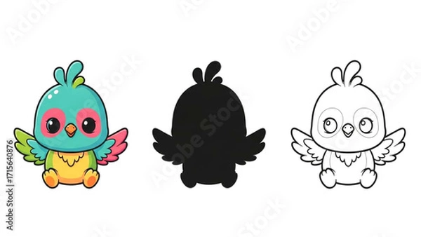 Obraz Adorable Cartoon funny bird Set – Full Color, Black Silhouette, Line Art