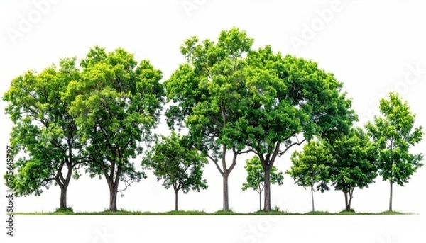 Fototapeta Lush green trees in a horizontal row against a white background