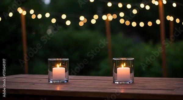 Obraz A romantic outdoor scene showing two candles glowing on a patio table against a soft, dark background