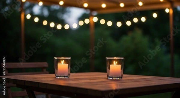 Obraz A romantic outdoor scene showing two candles glowing on a patio table against a soft, dark background