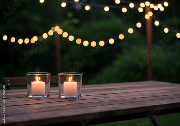 Obraz A romantic outdoor scene showing two candles glowing on a patio table against a soft, dark background