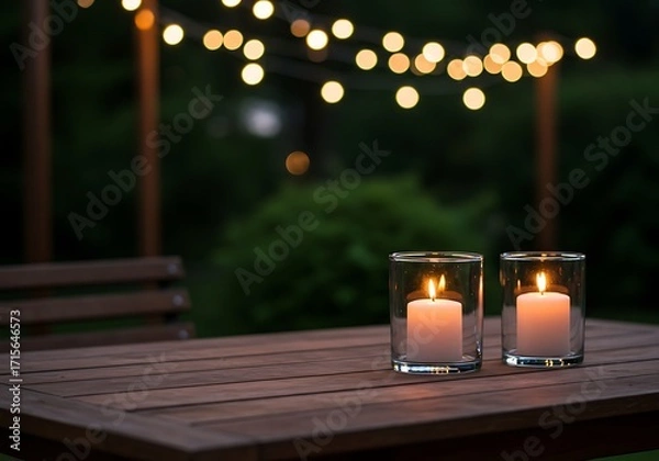 Obraz A romantic outdoor scene showing two candles glowing on a patio table against a soft, dark background
