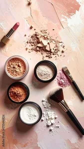 Fototapeta Assorted makeup powders and a lipstick on a blush-toned surface