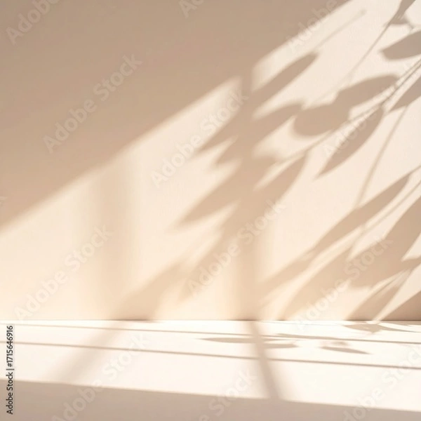Fototapeta Soft, warm light casts leaf shadows on a beige wall and surface