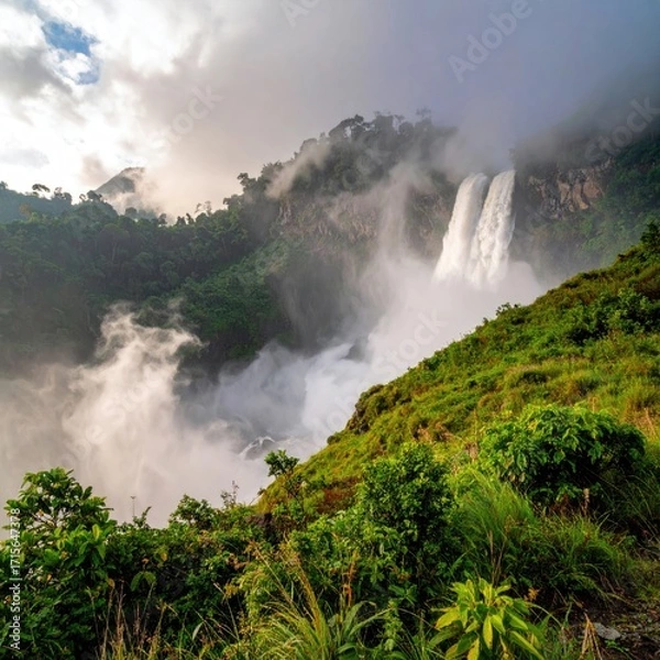 Fototapeta Majestic waterfalls cascading down a lush mountainside, enveloped in mist