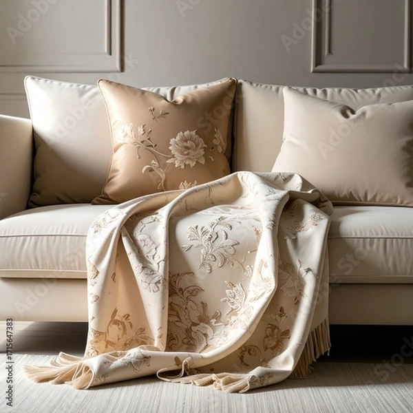 Fototapeta Cream-beige sofa with matching throw and pillows featuring floral embroidery