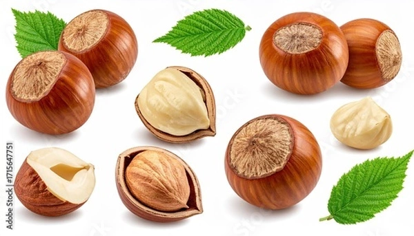 Fototapeta Hazelnuts, whole and halved, with leaves