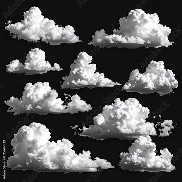 Fototapeta Collection of fluffy white clouds against a black background (1)