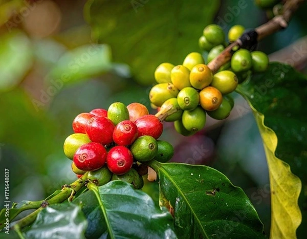 Fototapeta Close-up of coffee cherries in various stages of ripeness.  Clusters of red and green coffee beans hang from a branch, amidst vibrant green leaves.  Sunlight filters through the foliage