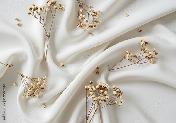 Obraz A simple and elegant flat lay of delicate dried flowers scattered on a rippling white satin fabric