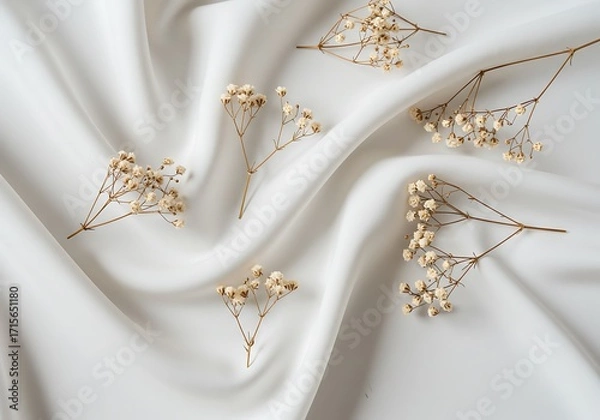 Obraz A simple and elegant flat lay of delicate dried flowers scattered on a rippling white satin fabric