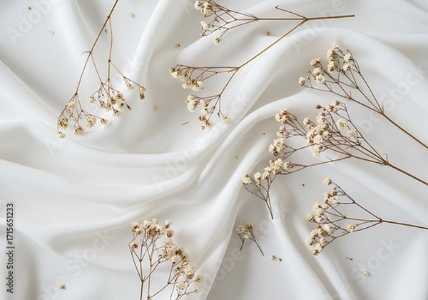 Obraz A simple and elegant flat lay of delicate dried flowers scattered on a rippling white satin fabric