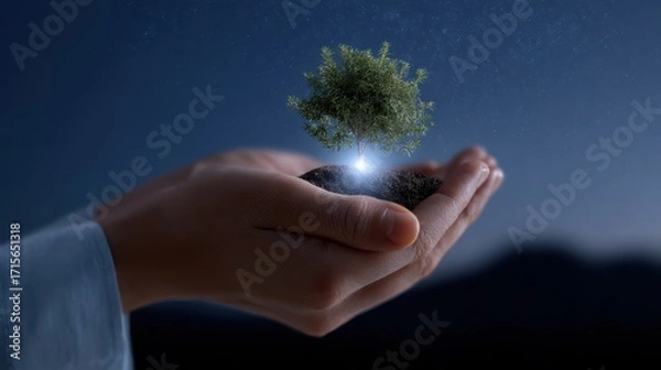 Fototapeta A conceptual image of environmental protection, with a hand holding a small, glowing tree in a digital landscape.