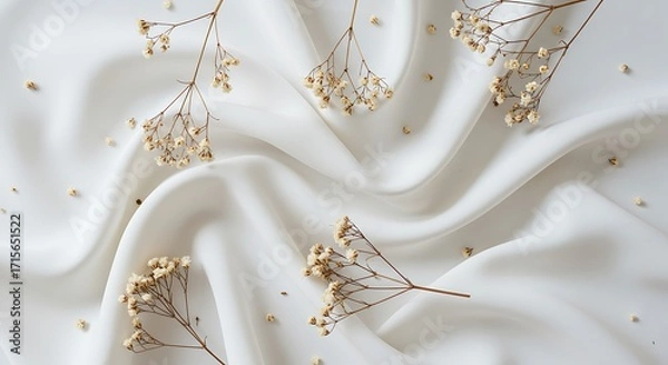 Obraz A simple and elegant flat lay of delicate dried flowers scattered on a rippling white satin fabric