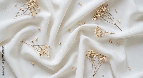 Obraz A simple and elegant flat lay of delicate dried flowers scattered on a rippling white satin fabric