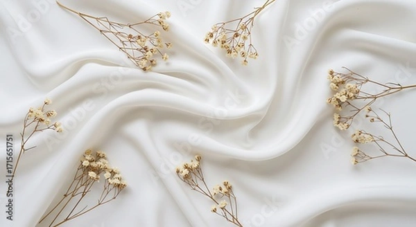 Obraz A simple and elegant flat lay of delicate dried flowers scattered on a rippling white satin fabric