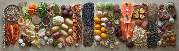 Fototapeta Healthy Variety of Seafood and Grains Flat Lay