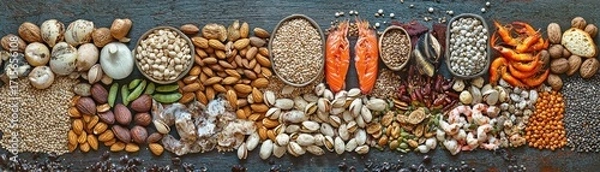 Fototapeta Variety of Seeds, Nuts, and Spices Spread Flat Lay