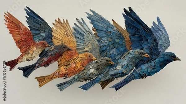 Fototapeta A Surrealist Flock A Dreamlike Vision of Birds in Flight Evoking Wonder and Intrigue through Abstract Forms and