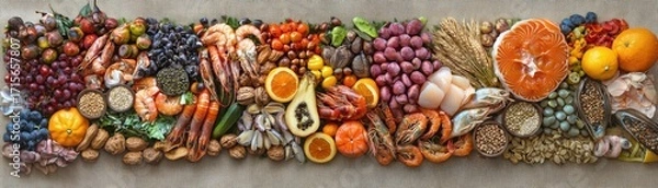Fototapeta Fresh Seafood and Seasonal Fruits Bounty