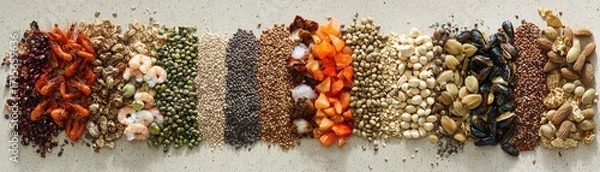 Fototapeta Mixed Dried Seafood and Nuts Assortment Flat Lay