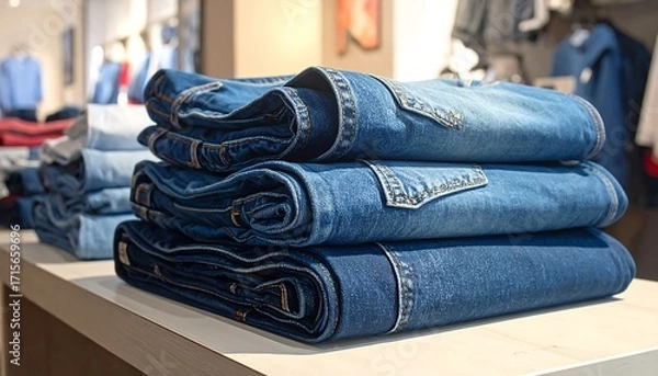 Fototapeta Stacked denim jeans on retail display