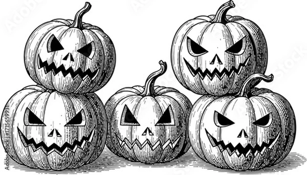 Fototapeta Stack of spooky hand-drawn jack-o'-lanterns, a classic black and white illustration depicting Halloween night festivities and traditional autumn decorations