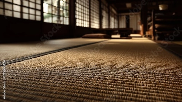 Fototapeta Closeup View of Traditional Japanese Tatami Mat Weaving A Detailed Look at the Intricate Patterns and Textures of