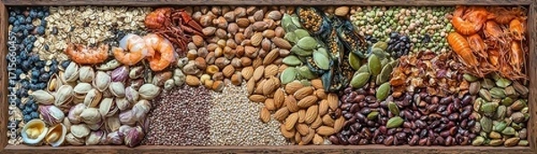 Fototapeta Assorted nuts, seeds, and shrimp flat lay