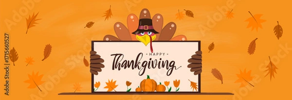 Fototapeta A turkey holding a sign with the inscription. Happy Thanksgiving to God for the harvest.