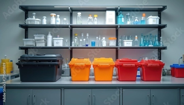 Fototapeta Laboratory waste management station features distinct containers for separating recyclable, hazardous materials. Bins in black, orange, red arranged for proper disposal of chemical, biohazard
