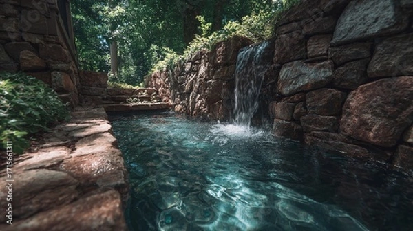 Fototapeta Serene Waterfall Cascading Over Stone Walls A Stunning Display of Natures Power and Beauty