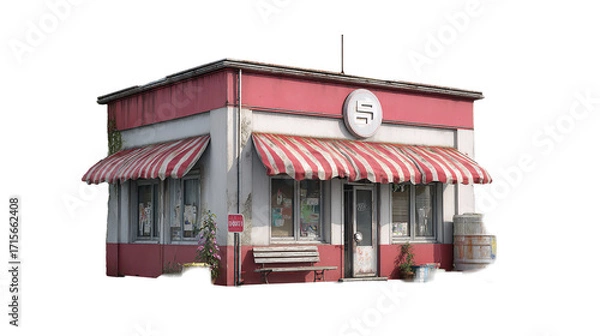 Fototapeta Charming vintage corner store facade with pink accents on transparent background