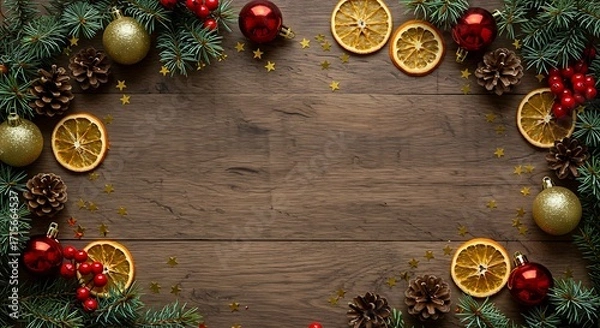 Fototapeta A festive Christmas frame with pine, red berries, and ornaments on a rustic dark wooden table background.


