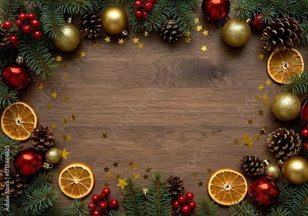 Fototapeta A festive Christmas frame with pine, red berries, and ornaments on a rustic dark wooden table background.

