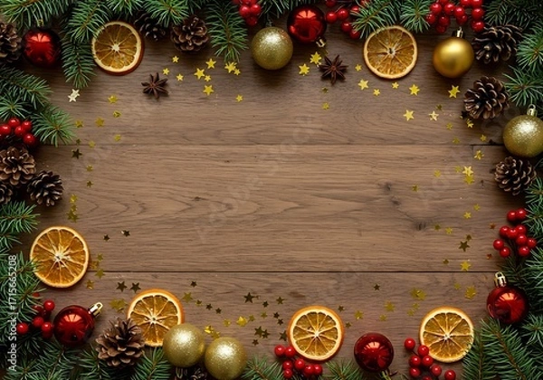 Fototapeta A festive Christmas frame with pine, red berries, and ornaments on a rustic dark wooden table background.

