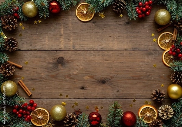 Fototapeta A festive Christmas frame with pine, red berries, and ornaments on a rustic dark wooden table background.

