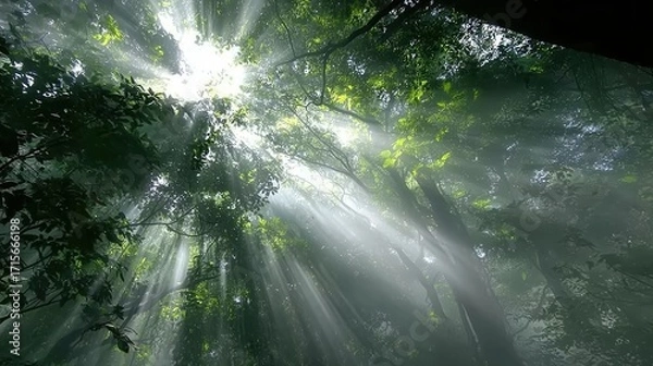 Fototapeta Enchanting Sunlight Filtering Through Dense Forest Canopy Creating Ethereal Atmosphere
