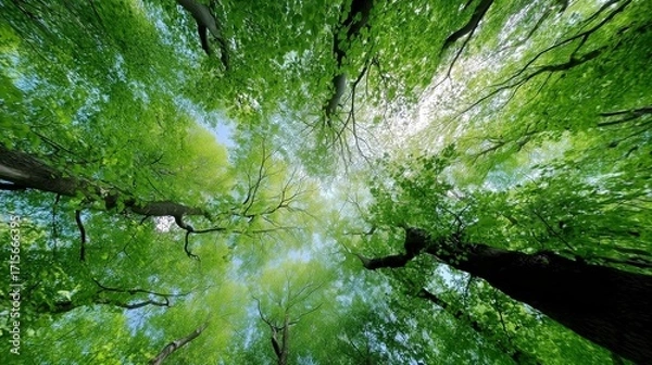 Fototapeta Majestic Green Canopy Towering Above with Sunlight Filtering Through Leaves Evoking Tranquility